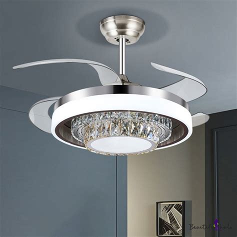 modern circular ceiling fan light cut crystal led flush mount  silver  remote control