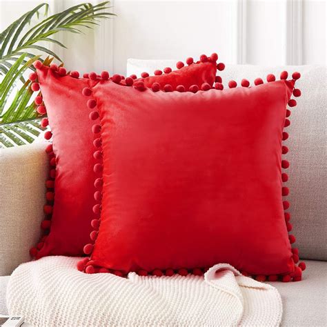 topfinel solid decorative throw pillow covers  pom poms square soft velvet cushion covers