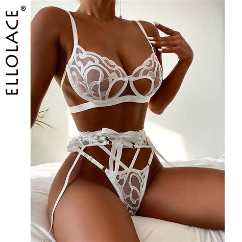 ellolace sensual erotic set lace hollow out lingerie 3 piece sexy