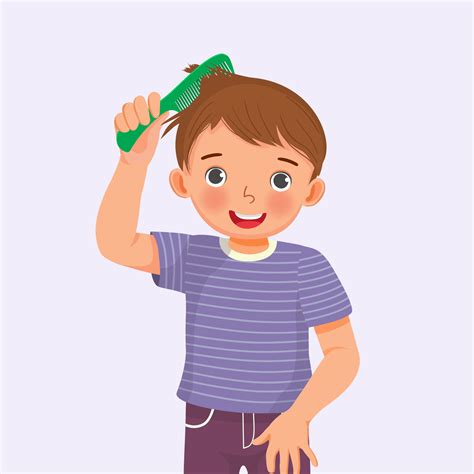 cute  boy holding comb enjoying combing  hair  vector