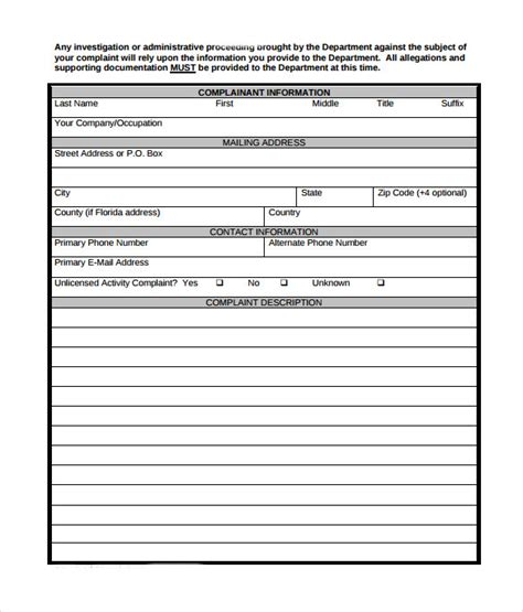 sample complaint forms   ms word