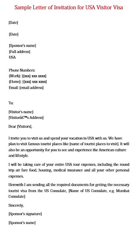 visitor visa usa invitation letter sample