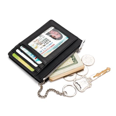 leather zip credit card holder wallet  id window keychain rfid