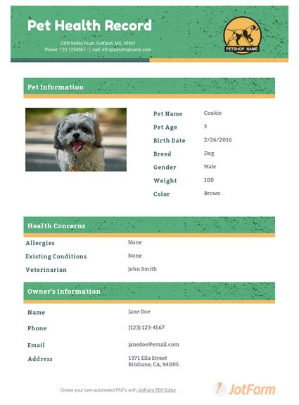 pet health record template  templates jotform