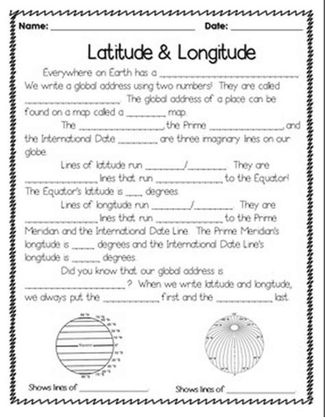 latitude  longitude worksheets  printable