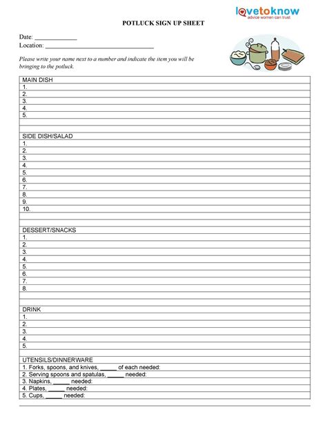 potluck sign  sheet  printable