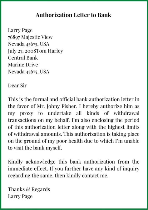 sample authorization letter  bank  examples