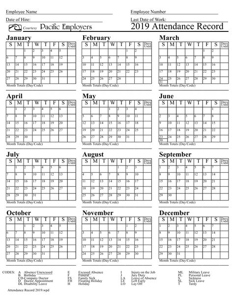 attendance calendar    calendar printables  blank