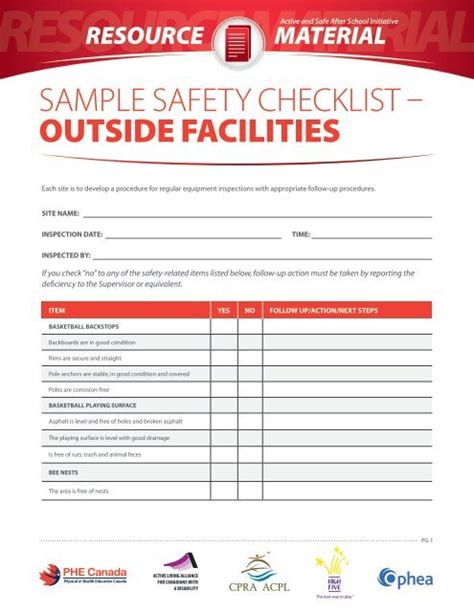sample safety checklist   facilities phe canada
