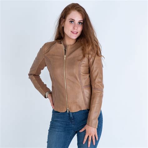 rino pelle torri fitted leather jacket  jersey lining camel