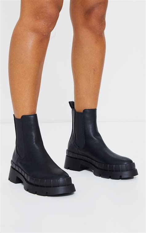 black chunky welly style chelsea boots prettylittlething