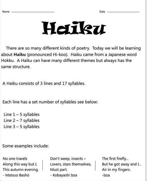 worksheets haiku poetry