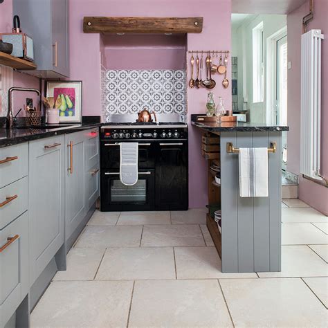kitchen makeover  pink walls grey units  vintage furniture