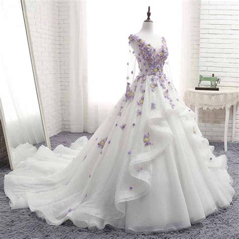 white tulle ruffles long  flower lace applique prom dress quinceanera dress  sleeve