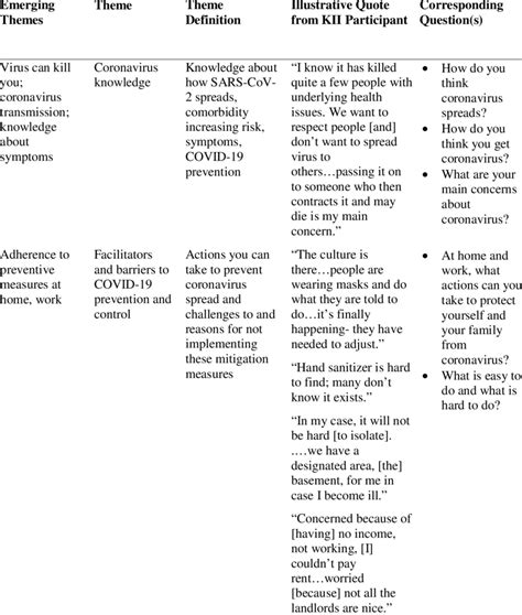 examples  covid  study team key informant interview themes table