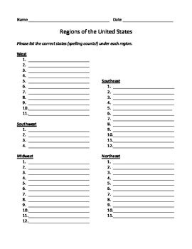 united states regions worksheet  fortunate   tpt