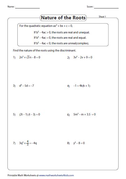 quadratic equation worksheet  answer key kidsworksheetfun