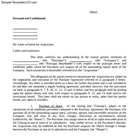 letter  intent merger  acquisition sample templates sample