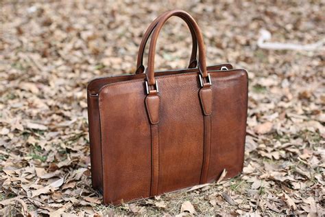 handmade vintage full grain leather briefcase laptop bag mens