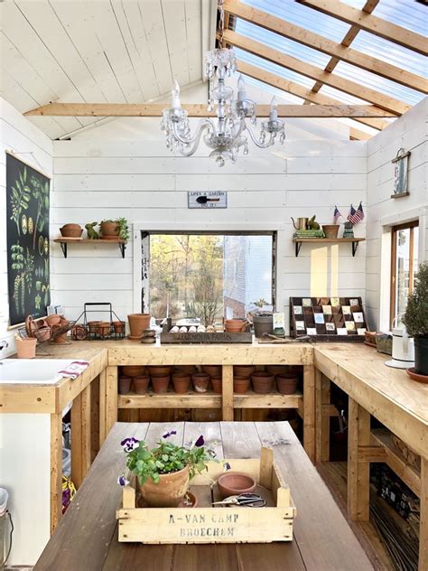 greenhouse  potting station garden shed interiors