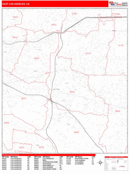 East Los Angeles California Zip Code Wall Map Red Line