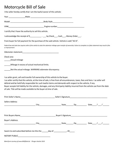 fillable motorcycle bill  sale form  templates