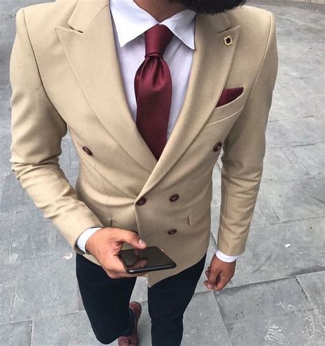beige khaki double breasted blazer slim fit wedding suits for men