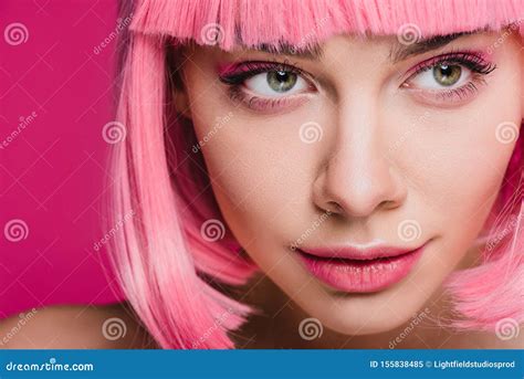 Attractive Girl Posing In Pink Wig Isolated Stock Image Image Of