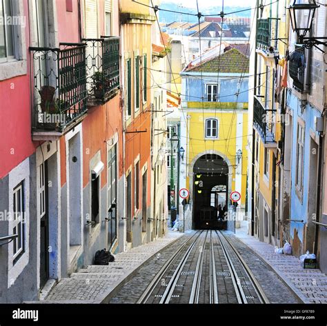 lisbon portugal december  view   colorful street  rails  lisbon  december