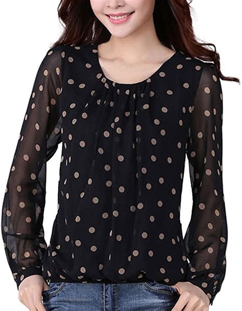 women chiffon tops long sleeve pleated polka dot pullover blouses