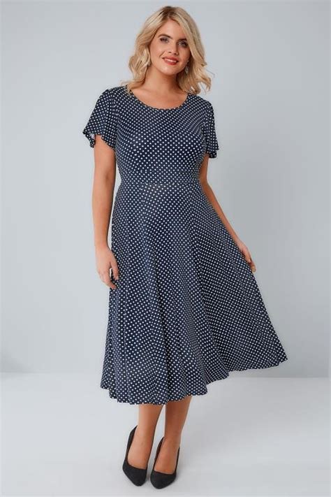 Navy And White Polka Dot Fit And Flare Dress With Waist Tie Plus Size 16 To 36