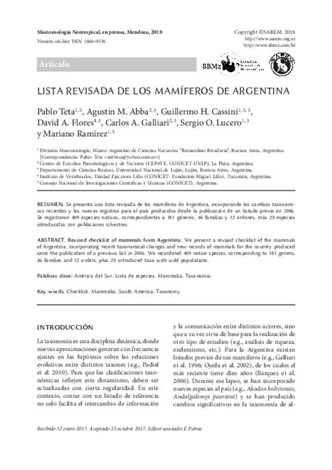 Pdf Lista Revisada De Los Mamíferos De Argentina Agustin Abba