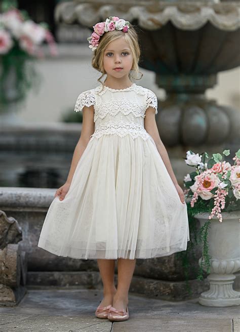 Luciana Cap Sleeve Lace Flower Girl Dress Ivory Think