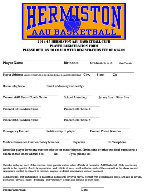 printable basketball registration form fill  printable
