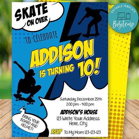 printable skater birthday party invitation instant  skate