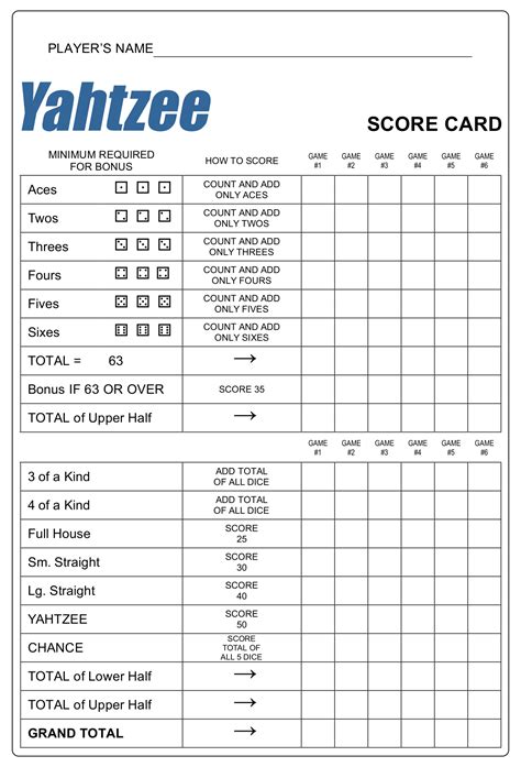 yahtzee score cards printable