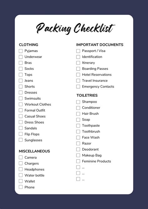 printable packing checklist blank vacation packing list printable