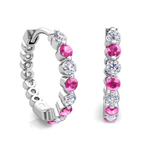 Floating Pink Sapphire And Diamond Hoop Earrings In 14k