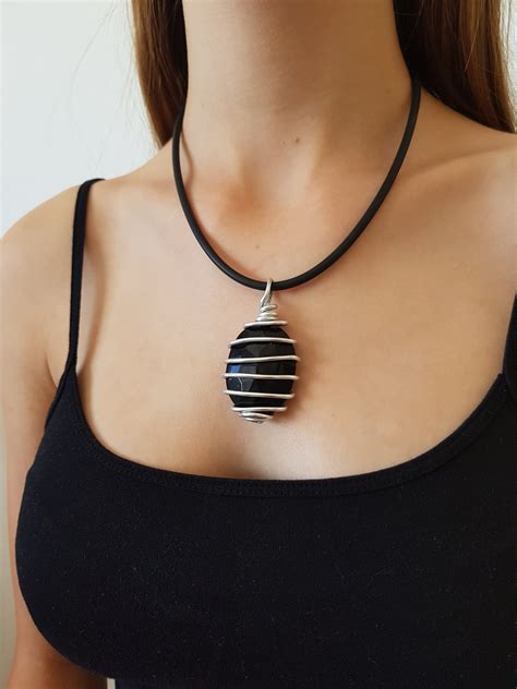 black big pendant necklace silver statement necklace wrapped etsy