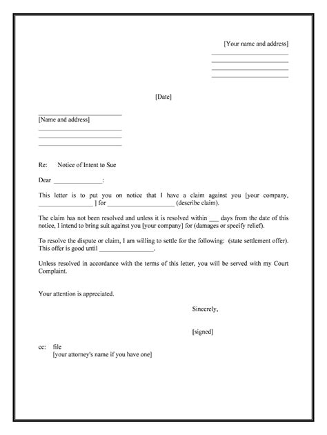 sample letter  intent   legal action fill  printable