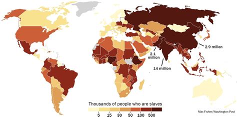this map shows where the world s 30 million slaves live there are