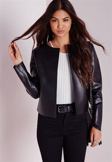 collarless faux leather jacket black coats  jackets faux leather jackets missguided