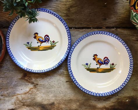 pair st clement france pottery cocorico rooster salad plates faience country cottage kitchen decor