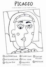 Picasso Colour Grundschule Kunstunterricht Niños Zahlen Atividades Figuras Clases Lessons Arbeitsblatt Educação Enseñar Druckbar Farbtheorie Cubism Handouts Artiste Mascaras Basteln sketch template
