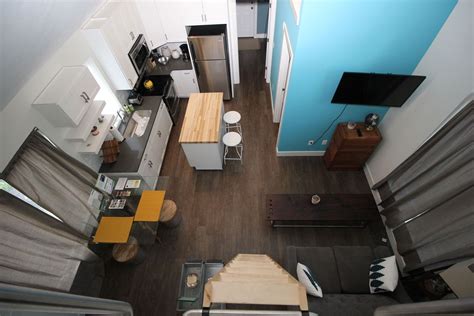 aerial view   living room  kitchen   small apartment  wood flooring