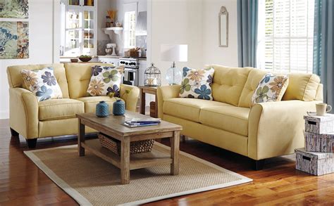 sweet   yellow sofa set   surely brighten  room sofa  loveseat