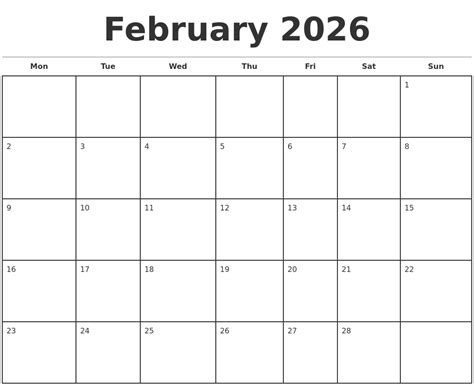 february  monthly calendar template