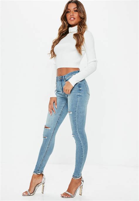tall blue sinner high waisted authentic ripped skinny jeans missguided