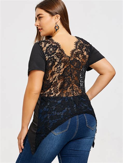 Wipalo Plus Size Asymmetrical Lace T Shirt Black Sexy T Shirts Women T