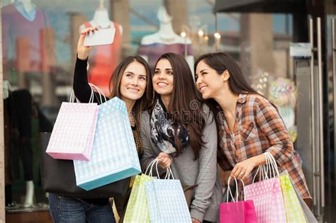 Best Friends Shopping And Taking A Selfie Stock Image Image Of Mall